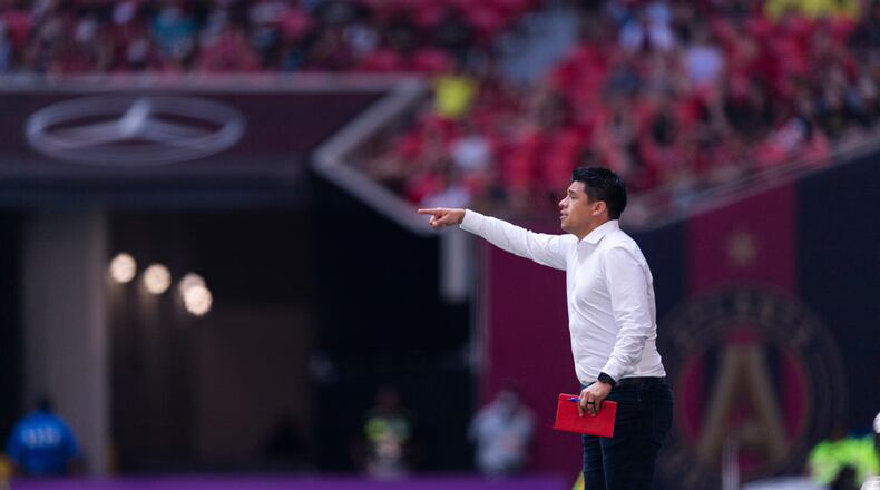 Gonzalo Pineda directs players during his first match as Atlanta United head coach Saturday, Aug. 28, 2021, against Nashville at Mercedes-Benz Stadium in Atlanta. (Jacob Gonzalez/Atlanta United)