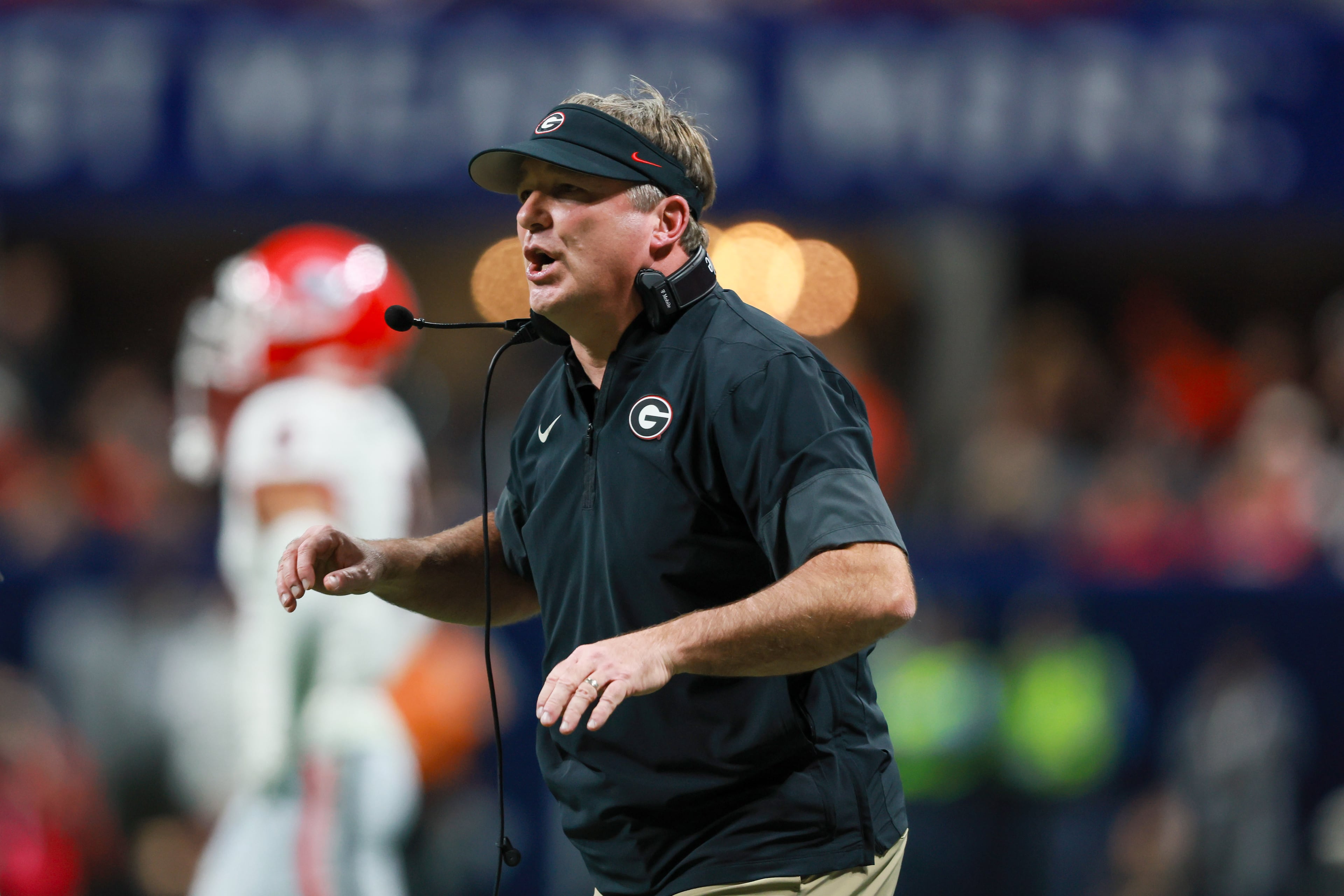 Georgia head coach Kirby Smart reacts on the sideline against Alabama during the second quarter of the SEC Championship game at Mercedes-Benz Stadium, Saturday, Dec. 6, 2025, in Atlanta. (Jason Getz / AJC)