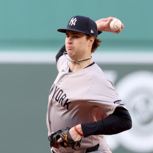 New York Yankees pitcher Cam Schlittler throws during the first inning of a baseball game against the Boston Red Sox, Thursday, April 23, 2026, in Boston. (AP Photo/Mark Stockwell)