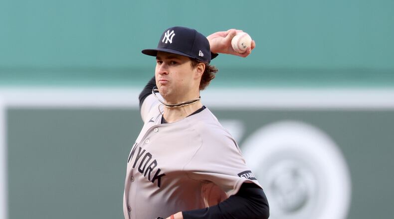 New York Yankees pitcher Cam Schlittler throws during the first inning of a baseball game against the Boston Red Sox, Thursday, April 23, 2026, in Boston. (AP Photo/Mark Stockwell)