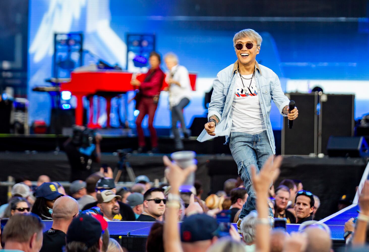 Journey blasted through their mega hits with Arnel Pineda commanding the crowd with his vocal chops at a concert with Def Leppard at Truist Park in Atlanta on July 13, 2024. (RYAN FLEISHER FOR THE ATLANTA JOURNAL-CONSTITUTION)