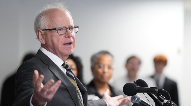 Gov. Tim Walz speaks during a news conference on Tuesday, Jan. 6, 2026 at the Coliseum Building in Minneapolis. (Alex Kormann/Star Tribune via AP)