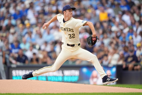 Milwaukee Brewers' Jacob Misiorowski pitches during the first inning of a baseball game against the Los Angeles Dodgers, Tuesday, July 8, 2025, in Milwaukee. (AP Photo/Aaron Gash)