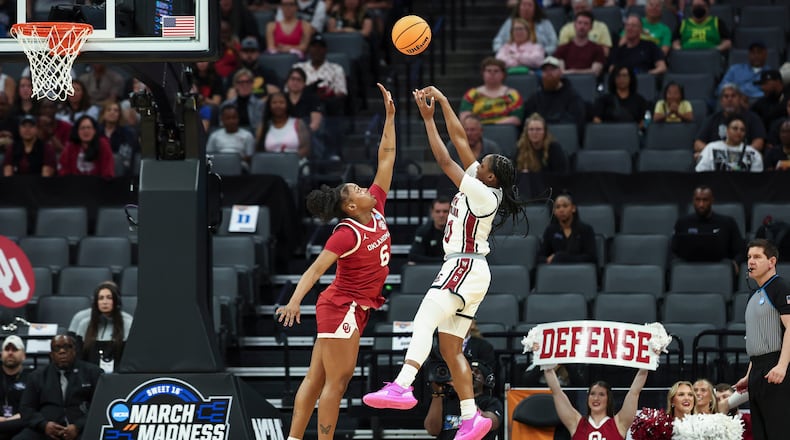 South Carolina guard Ta'niya Latson, center right, shoots over Oklahoma forward Sahara Williams (6) during the first half in the Sweet 16 of the NCAA college basketball tournament Saturday, March 28, 2026, in Sacramento, Calif. (AP Photo/Sara Nevis)