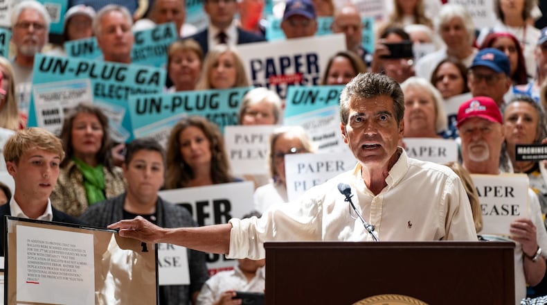 Houston County resident Joe Rossi speaks about ballot counting problems in the 2020 election at a news conference at the Georgia State Capitol in Atlanta on Tuesday, August 6, 2024.