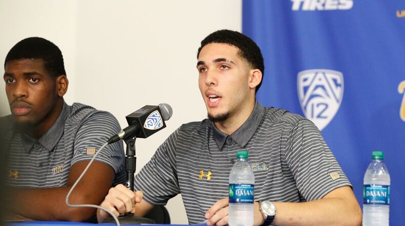UCLA basketball players LiAngelo Ball and Cody Riley. left, addressed the media when they returned from China.