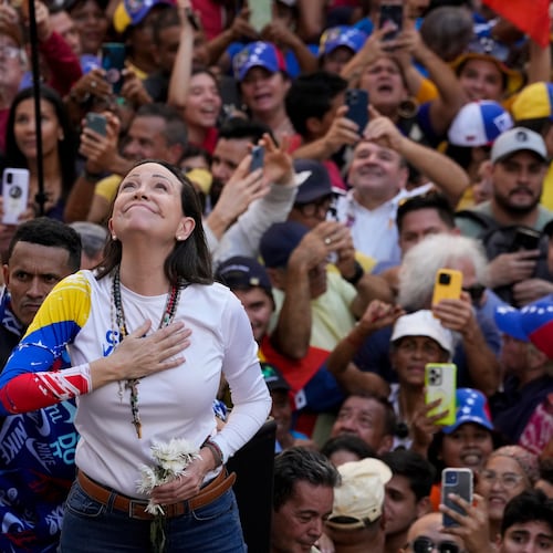 Venezuelan opposition leader Maria Corina Machado addresses supporters at a protest against President Nicolas Maduro in Caracas, Venezuela, the day before his inauguration for a third term, Jan. 9, 2025. (AP Photo/Ariana Cubillos, File)
