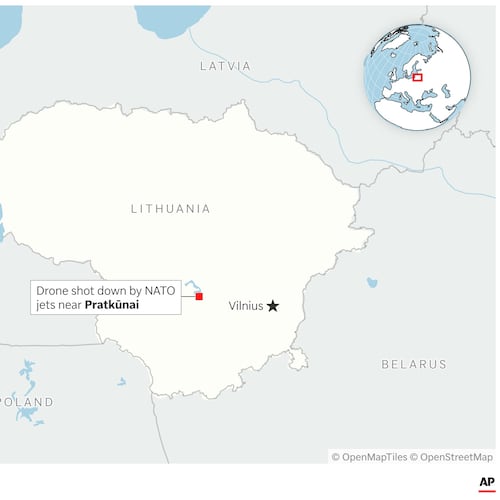 A map showing where NATO jets shot down a drone over Lithuania. (AP Digital Embed)