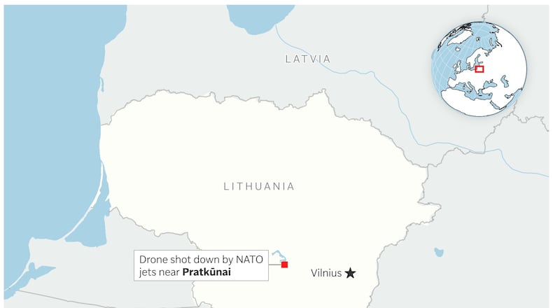 A map showing where NATO jets shot down a drone over Lithuania. (AP Digital Embed)