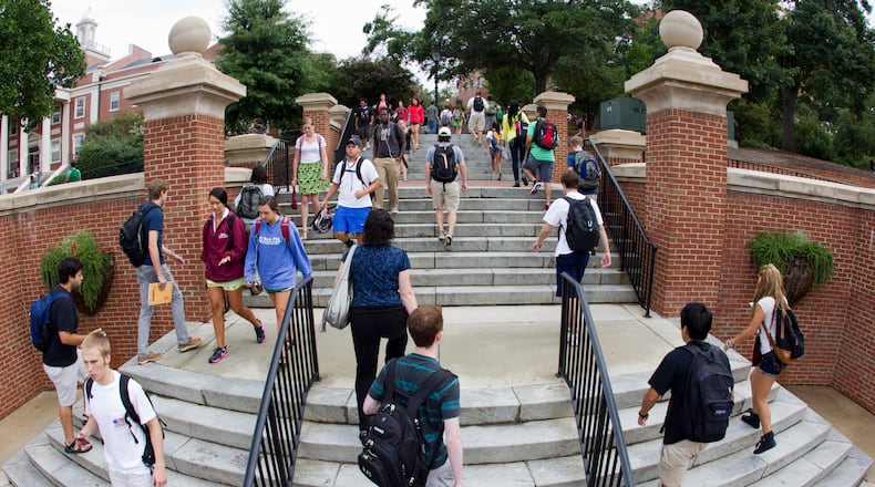 Baldwin Street Steps during class change facing toward  Park Hall and Brooks Hall on the University of Georgia campus.