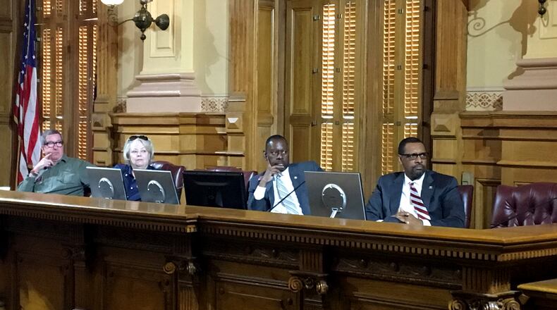 Legislators representing DeKalb County met at the Georgia Capitol on Monday to discuss proposals for a special purpose local option sales tax (SPLOST). From left: Rep. Tom Taylor, R-Dunwoody, Rep. Mary Margaret Oliver, D-Decatur, Rep. Howard Mosby, D-Atlanta, and Rep. Vernon Jones, D-Lithonia. MARK NIESSE / MARK.NIESSE@AJC.COM