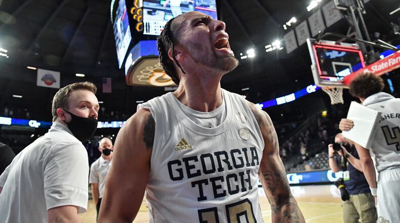 February 6, 202, 2021 Atlanta - Georgia Tech's guard Jose Alvarado (10) celebrates their victory over Notre Dame at the end of the second half of a NCAA college basketball game at Georgia Tech's McCamish Pavilion in Atlanta on Saturday, February 6, 2021. Georgia Tech won 82-80 over Notre Dame. (Hyosub Shin / Hyosub.Shin@ajc.com)