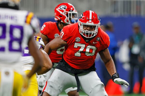 Georgia offensive lineman Warren McClendon (70) blocks against the LSU Tigers during the SEC Championship game at Mercedes-Benz Stadium, Saturday, Dec. 3, 2022, in Atlanta. (Jason Getz/The Atlanta Journal-Constitution/TNS)