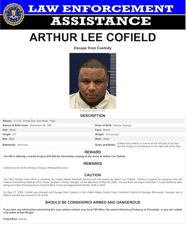 The FBI released a wanted poster for Arthur Cofield after he was discovered missing May 26 from a federal prison camp in Jesup. (Courtesy of the FBI)