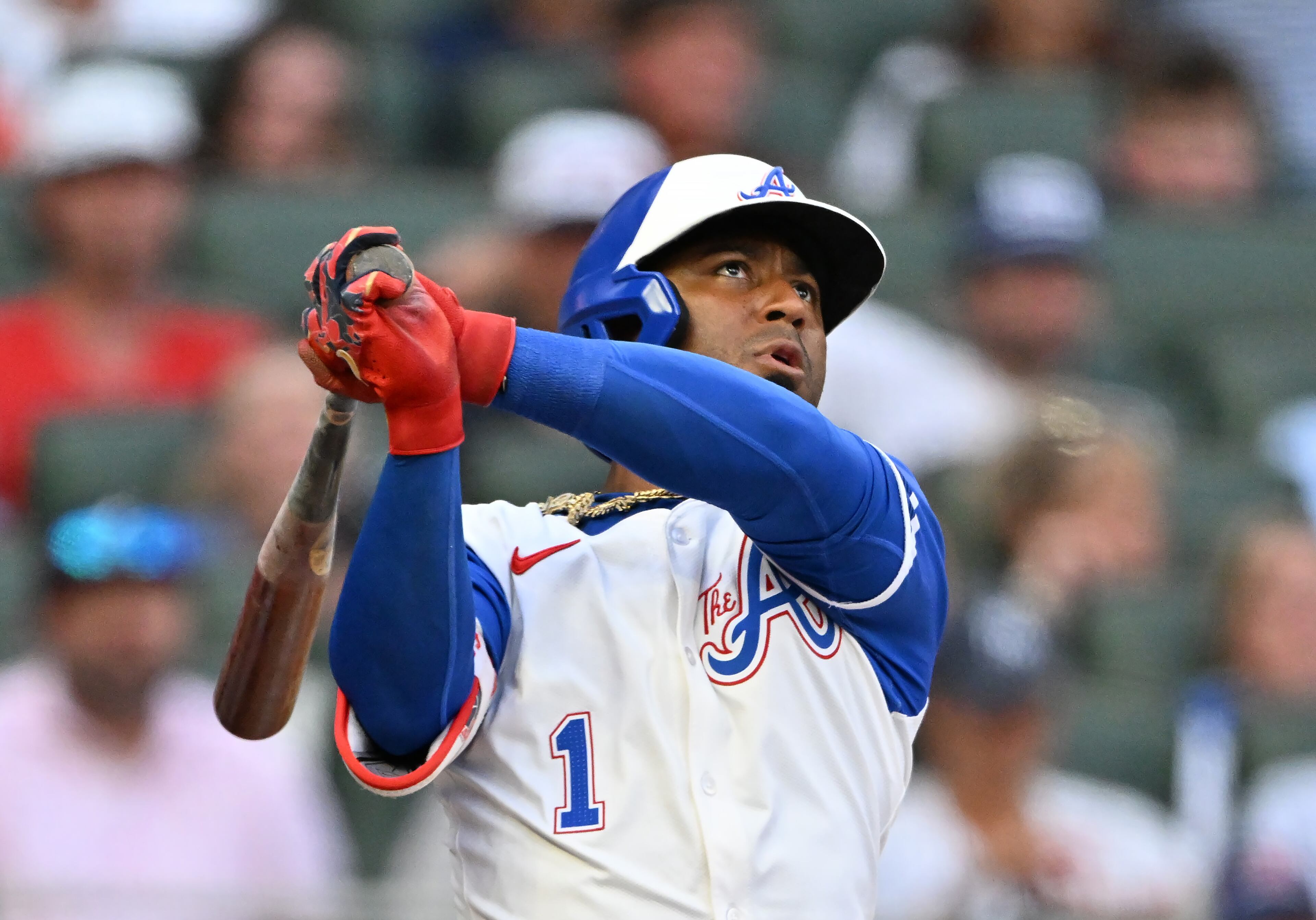 Atlanta Braves second base Ozzie Albies (1) hits a 3-run home run during the fourth inning of a baseball game at Truist Park, Saturday, July 19, 2025, in Atlanta. New York Yankees won 12-9 over Atlanta Braves. (Hyosub Shin / AJC)