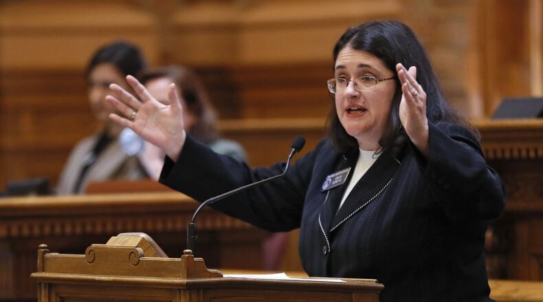 State Sen. Zahra Karinshak, D-Duluth, spoke Wednesday against the Senate’s new sexual harassment rules. Bob Andres / bandres@ajc.com