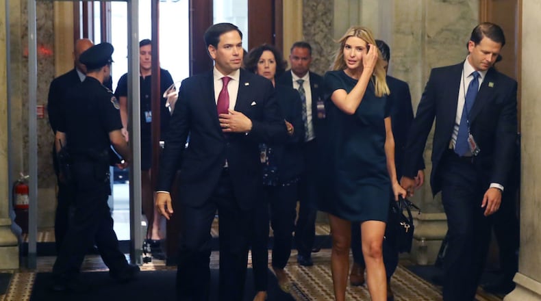 WASHINGTON, DC - JUNE 20: Ivanka Trump walks with Sen. Marco Rubio (R-FL), to a meeting with Senators regarding paid family leave, at U.S. Capitol on June 20, 2017 in Washington, DC.