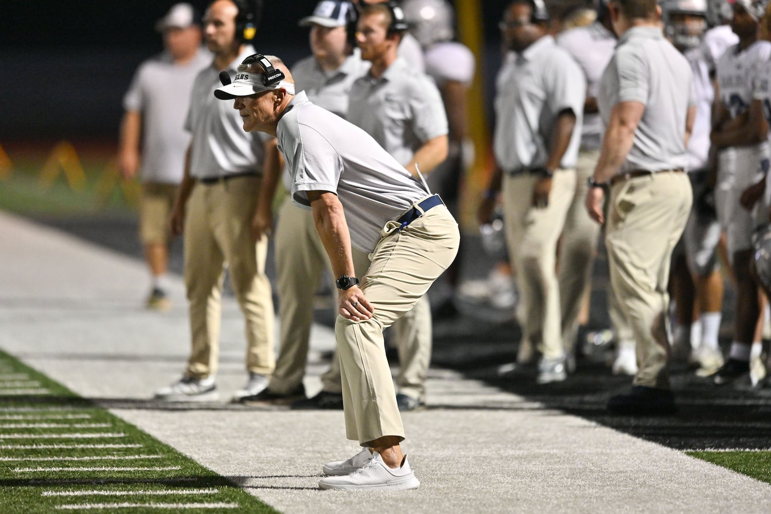 East Jackson head coach Cameron Pettus watches his team attempt a field goal during the first half of play Friday, Sept. 26, 2025, at Hebron Christian Academy. (Daniel Varnado for the AJC)
