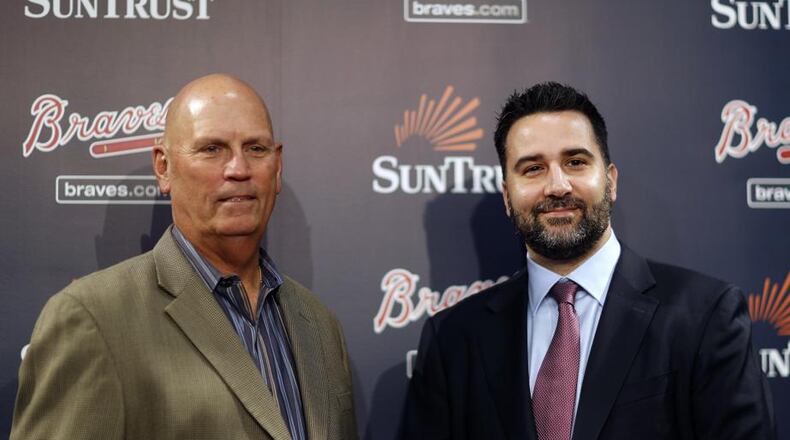 Brian Snitker (left) is back as manager and new GM Alex Anthopoulos is the new man in charge of baseball operations for the Braves. (Curtis Compton/AJC photo)