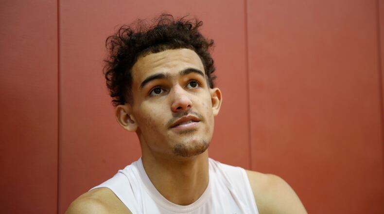 Oklahoma guard Trae Young is pictured during an interview in Norman, Okla., Friday, Feb. 2, 2018. (AP Photo/Sue Ogrocki)