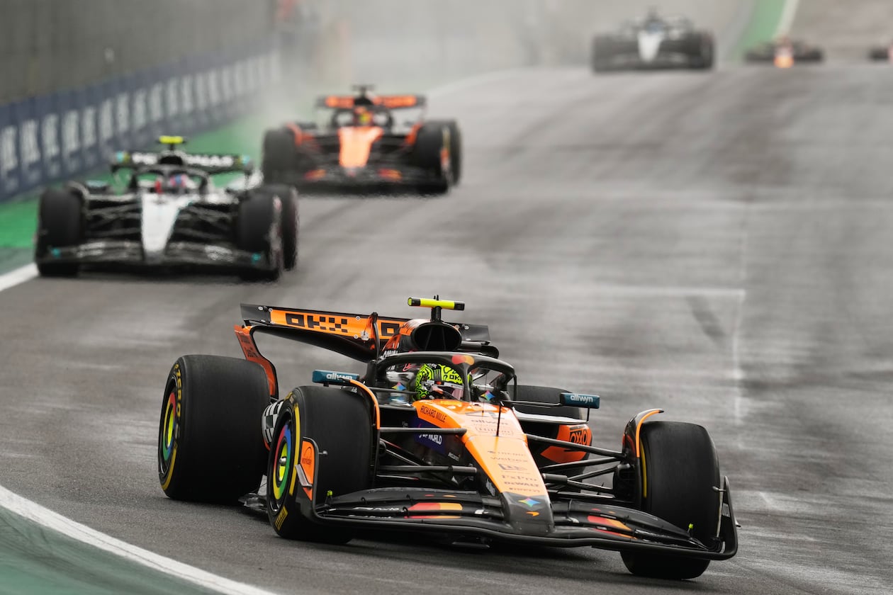 McLaren driver Lando Norris of Britain drives during the sprint race ahead of the Brazilian Formula One Grand Prix auto race at the Interlagos racetrack in Sao Paulo, Saturday, Nov. 8, 2025. (AP Photo/Andre Penner)