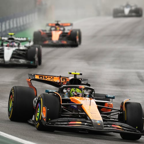 McLaren driver Lando Norris of Britain drives during the sprint race ahead of the Brazilian Formula One Grand Prix auto race at the Interlagos racetrack in Sao Paulo, Saturday, Nov. 8, 2025. (AP Photo/Andre Penner)