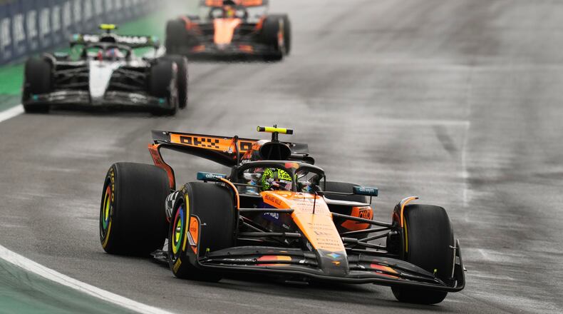 McLaren driver Lando Norris of Britain drives during the sprint race ahead of the Brazilian Formula One Grand Prix auto race at the Interlagos racetrack in Sao Paulo, Saturday, Nov. 8, 2025. (AP Photo/Andre Penner)