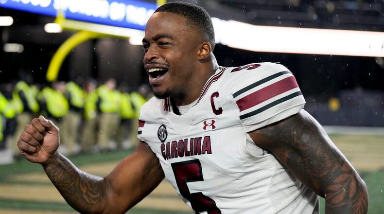South Carolina edge Kyle Kennard (5) celebrates the team's win against Vanderbilt after an NCAA college football game Saturday, Nov. 9, 2024, in Nashville, Tenn. (AP Photo/George Walker IV)