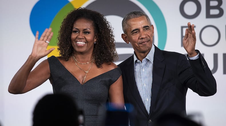 Former President Barack Obama and first lady Michelle Obama appear on stage together after the Obama Foundation Summit at the Illinois Institute of Technology in Chicago, Tuesday, Oct. 29, 2019.