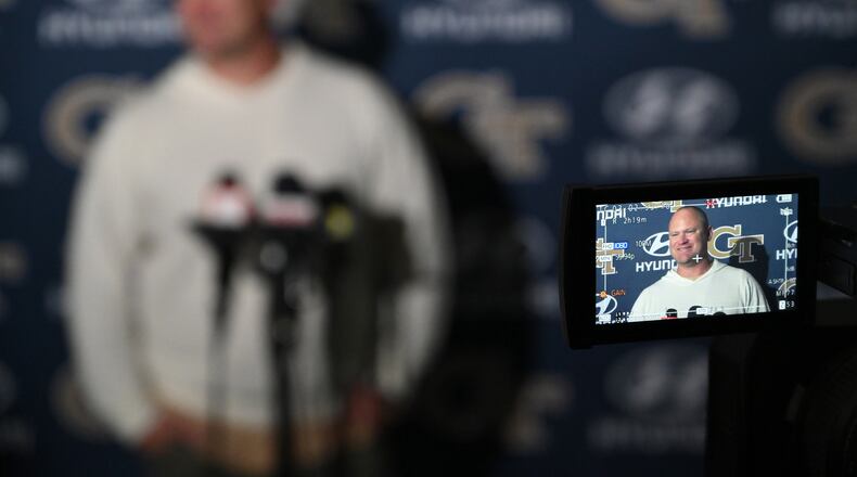Georgia Tech head coach Brent Key answers questions from the press during Georgia Tech Pro Day