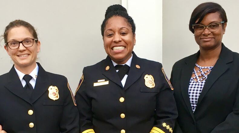 Decatur may likely be the nation’s only fire department where women fill the top three positions. From L-R: Assistant Chief and Fire Marshal Ninetta Violante, Fire Chief Toni Washington, and second-in-command, Deputy Fire Chief Vera Morrison, who starts work Tuesday. Bill Banks for the AJC.