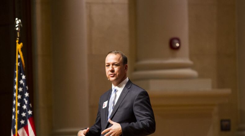 Alpharetta Mayor David Belle Isle speaks during the Georgia Secretary of State debate at Lassiter High School in Marietta, Georgia, on Monday, April 9, 2018. (REANN HUBER/REANN.HUBER@AJC.COM)
