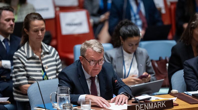 FILE - Denmark's Foreign Minister Lars Loekke Rasmussen speaks during a Security Council meeting at the United Nations headquarters, Tuesday, Sept. 23, 2025, at U.N. headquarters. (AP Photo/Yuki Iwamura, File)