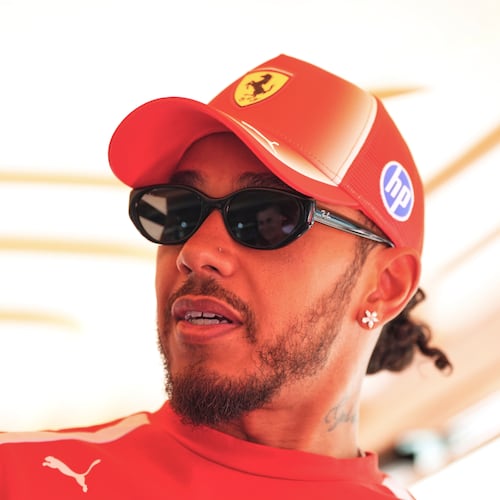 Ferrari driver Lewis Hamilton of Britain is pictured in the paddock ahead the Spanish Formula One Grand Prix, in Madrid, Spain, Thursday, Sept. 10, 2026. (AP Photo/Manu Fernandez)