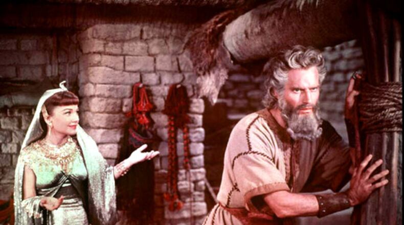 Charlton Heston and Anne Baxter star in the epic, Cecil B. DeMille theatrical film, The Ten Commandments. Heston played Moses.