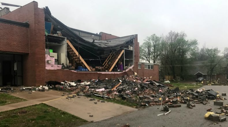 An apparent tornado left behind damage in Goodman, Missouri, on Tuesday, April 4, 2017.