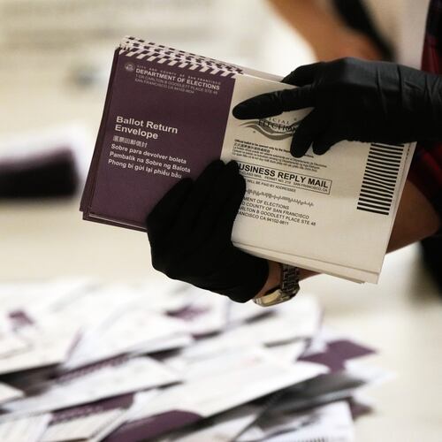 FILE - Department of Elections workers sort mail-in ballots for the California primary election at City Hall on Tuesday, June 2, 2026, in San Francisco. (AP Photo/Jeff Chiu, File)