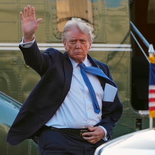 FILE - President Donald Trump arrives at Leesburg Executive Airport on Marine One in Leesburg, Va., Thursday, April 24, 2025, en route to Trump National Golf Club Washington DC in Sterling, Va. (AP Photo/Jacquelyn Martin, File)