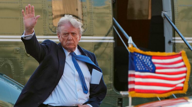 FILE - President Donald Trump arrives at Leesburg Executive Airport on Marine One in Leesburg, Va., Thursday, April 24, 2025, en route to Trump National Golf Club Washington DC in Sterling, Va. (AP Photo/Jacquelyn Martin, File)