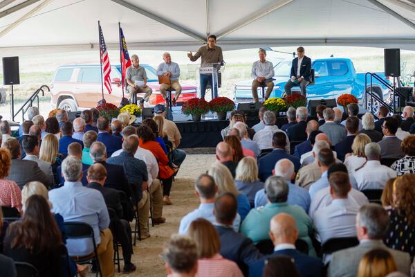 Rivian CEO, RJ Scaringe, delivers his remarks moments before the groundbreaking ceremony on Tuesday, Sept. 16, 2025, in Walton and Morgan counties. (Miguel Martinez/AJC)