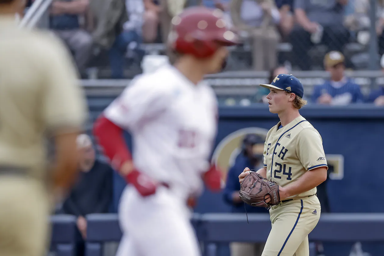 Georgia Tech pitcher Jackson Blakely looks on after giving up a two-run home run to Oklahoma catcher Brendan Brock in the second inning of the Atlanta Regional game at Russ Chandler Stadium, Sunday, May 31, 2026, in Atlanta. Tech lost 15-8, setting up a rubber match with Oklahoma on Monday that will decide who advances. (Erik S. Lesser for the AJC)