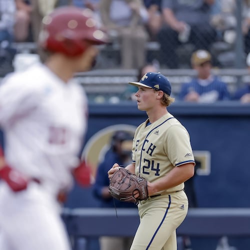 Georgia Tech pitcher Jackson Blakely looks on after giving up a two-run home run to Oklahoma catcher Brendan Brock in the second inning of the Atlanta Regional game at Russ Chandler Stadium, Sunday, May 31, 2026, in Atlanta. Tech lost 15-8, setting up a rubber match with Oklahoma on Monday that will decide who advances. (Erik S. Lesser for the AJC)