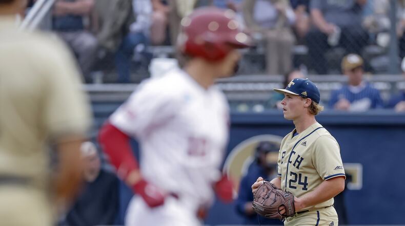 Georgia Tech pitcher Jackson Blakely looks on after giving up a two-run home run to Oklahoma catcher Brendan Brock in the second inning of the Atlanta Regional game at Russ Chandler Stadium, Sunday, May 31, 2026, in Atlanta. Tech lost 15-8, setting up a rubber match with Oklahoma on Monday that will decide who advances. (Erik S. Lesser for the AJC)