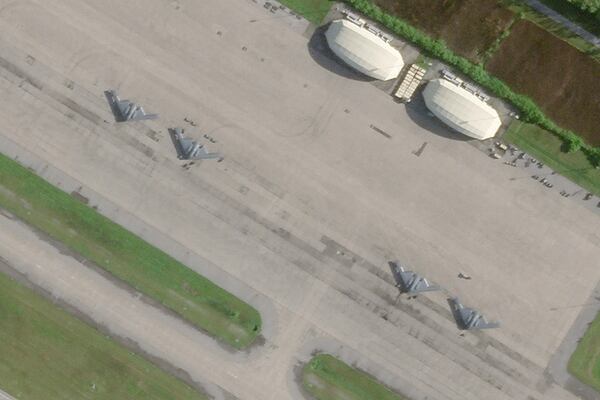 This satellite photo from Planet Labs PBC shows four B-2 stealth bombers parked at Camp Thunder Cove in Diego Garcia on Saturday, March 29, 2025, as a U.S. airstrike campaign continues against Yemen's Houthi rebels. (Planet Labs PBC via AP)