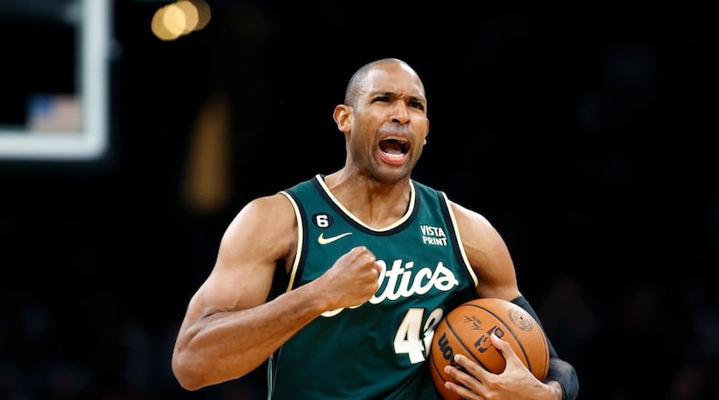 Boston Celtics' Al Horford reacts in the first half during Game 1 in the first round of the NBA basketball playoffs against the Atlanta Hawks, Saturday, April 15, 2023, in Boston. (AP Photo/Michael Dwyer)