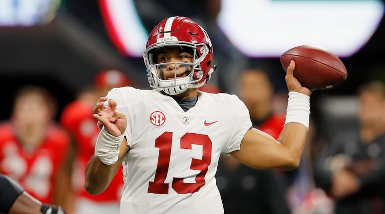 Tua Tagovailoa lets fly during what would turn out to be a difficult - for him - 2018 SEC Championship game vs. Georgia inside Mercedes-Benz Stadium. (Photo by Kevin C. Cox/Getty Images)