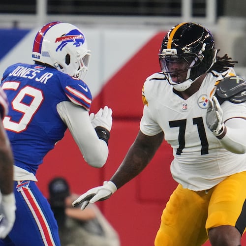 Pittsburgh Steelers offensive tackle Max Iheanachor (71) defends against the rush by Buffalo Bills' Andre Jones Jr. (59) in the first half of a preseason NFL football game in Orchard Park, NY., Thursday, Aug. 27, 2026. (AP Photo/Gene J. Puskar)