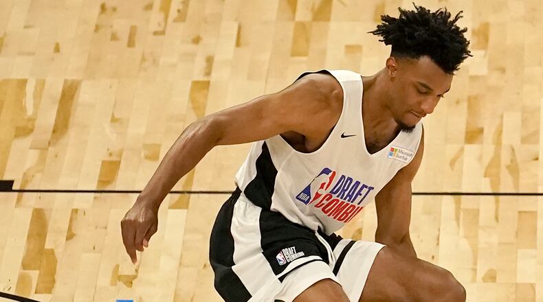 South Carolina's AJ Lawson participates in the NBA Draft Combine at the Wintrust Arena Wednesday, June 23, 2021, in Chicago. (Charles Rex Arbogast/AP)