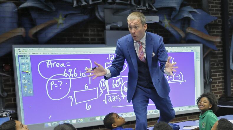 May 5, 2017 - Atlanta - With the help of a little music from La La Land, Ron Clark teaches his 5th-grade math class. BOB ANDRES /BANDRES@AJC.COM