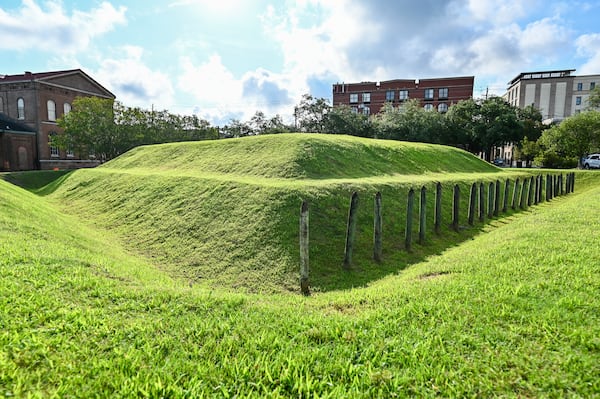 The Spring Hill Redoubt, an earthen fort used during the Battle of Savannah on Oct. 9, 1779, has been reconstructed by the Coastal Heritage Society at Battlefield Memorial Park. (Sarah Peacock for the AJC)